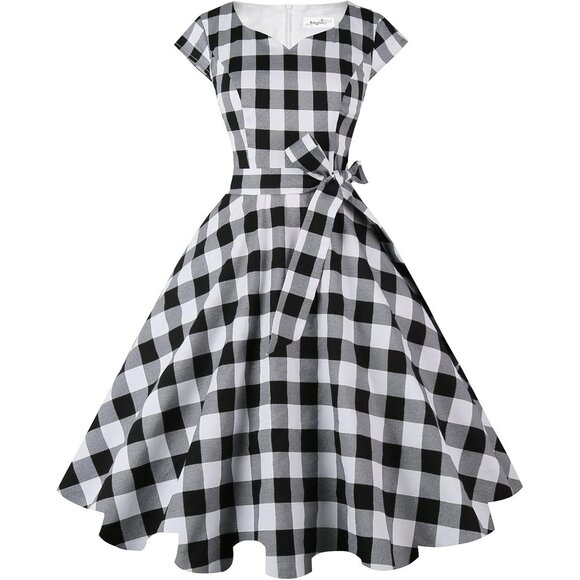 Women Vintage 1950s Dress Retro Cocktail Party Swing Dresses with Cap Sleeves - Picture 1 of 6